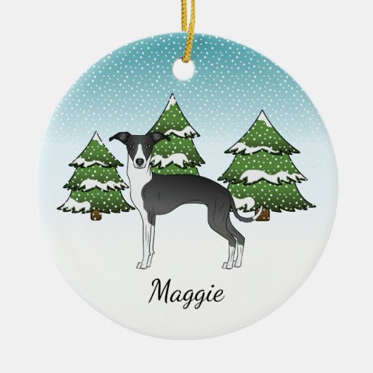 Schwarz-Weiß-Greyhound im Winterwald Keramik Ornament (Vorne)