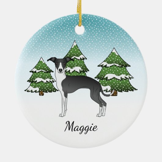 Schwarz-Weiß-Greyhound im Winterwald Keramik Ornament (Hinten)