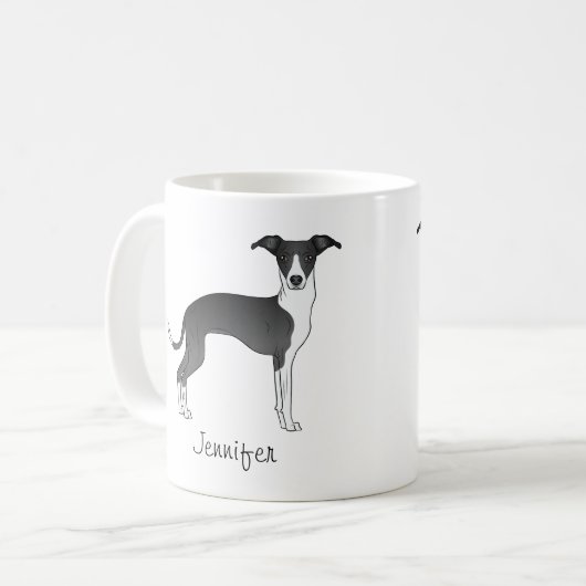 Schwarz-Weiß-Greyhound mit Individuelle Name Kaffeetasse (Vorderseite Links)