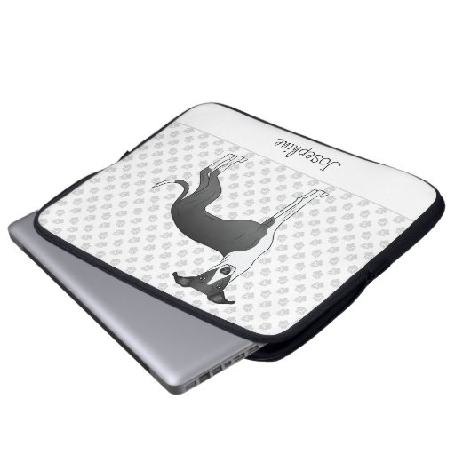 Schwarz-Weiß-Greyhound mit Individuelle Name Laptopschutzhülle (Vorne Knopf)