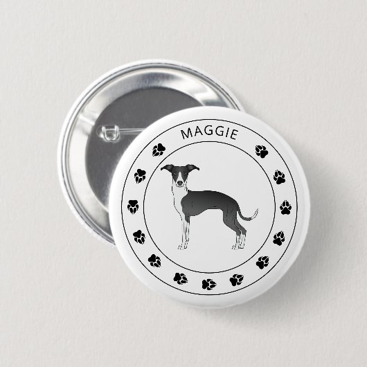 Schwarz-Weiß-Greyhound mit Namen und Paws Button (Vorne & Hinten)