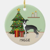 Schwarz-Weiß Greyhound & Weihnachtsbaum Keramik Ornament (Hinten)