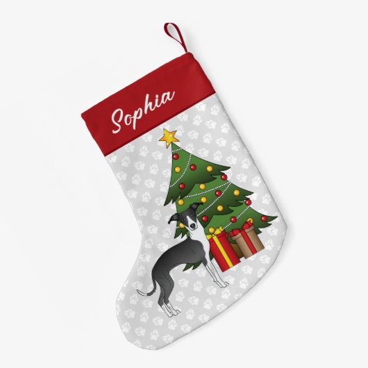 Schwarz-Weiß Greyhound & Weihnachtsbaum Kleiner Weihnachtsstrumpf (Rückseite (Hängend))