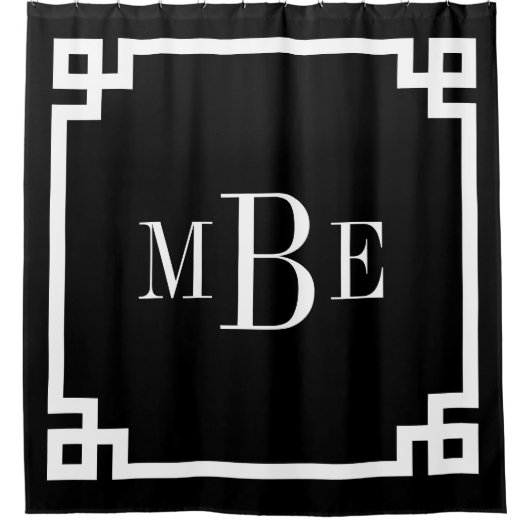 Schwarz-Weiß-griechischer Schlüssel | MIT MONOGRAM Duschvorhang (Vorderseite)