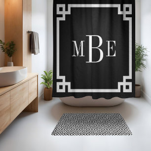 Schwarz-Weiß griechischer Schlüssel Monogramm Duschvorhang