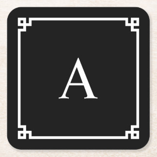 Schwarz-Weiß-Griechischer-Schlüssel-Monogramm Rechteckiger Pappuntersetzer