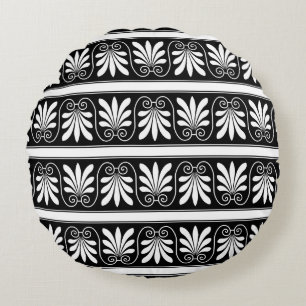 Schwarz-Weiß-Griechisches Blumenmuster Rundes Kissen