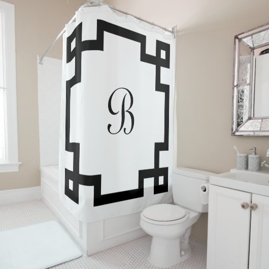 Schwarz-weiß-Griechisches Schlüsselmonogramm Duschvorhang (Beispiel)