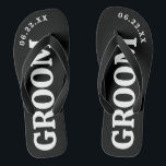 Schwarz-Weiß-Groom-Hochzeitsflacken Badesandalen<br><div class="desc">Diese Flip-Flops sind perfekt für den bald kommenden Groom! Passen Sie Ihren Hochzeitstag an.</div>