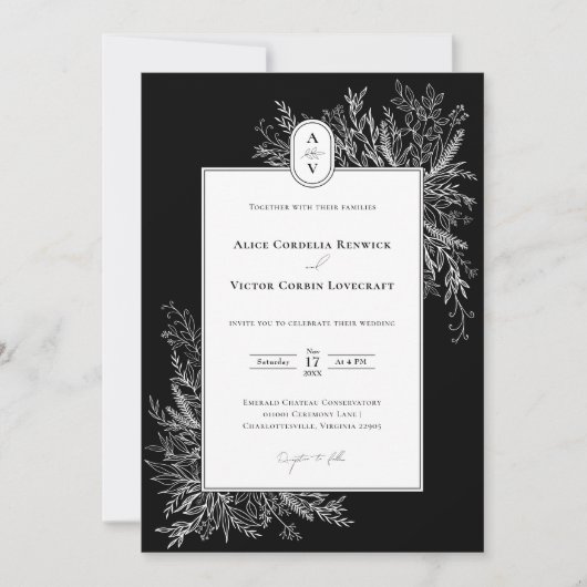 Schwarz-Weiß-Grün-Hochzeitmongram-Foto Einladung (Vorderseite)