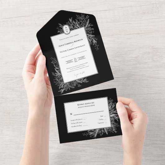 Schwarz-Weiß-Grün-Hochzeitmonographie All In One Einladung (Abreißen)