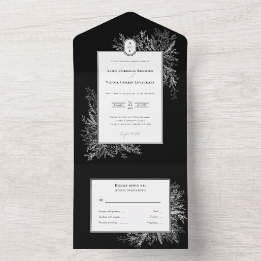 Schwarz-Weiß-Grün-Hochzeitmonographie All In One Einladung (Innen Boden)