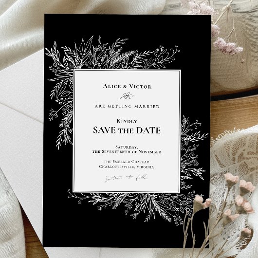 Schwarz-Weiß-Grün-Hochzeitmonographie Save The Date