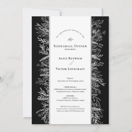 Schwarz-Weiß-Grün Hochzeitsessen Probe Einladung (Vorderseite)