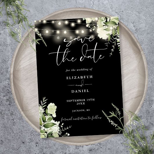 Schwarz-Weiß-Grün-Lichter Hochzeit Save The Date