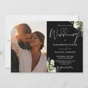 Schwarz-Weiß-Grün-QR-Code-Foto-Hochzeit Einladung