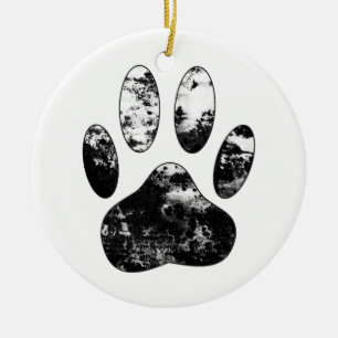 Schwarz-Weiß-Grunge Dog Paw Print Keramik Ornament