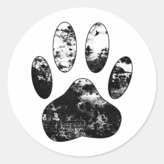 Schwarz-Weiß-Grunge Dog Paw Print Runder Aufkleber (Vorderseite)
