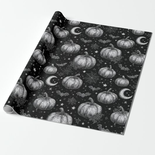 Schwarz-Weiß-Halloween-Kürbis, Bat, Spiderweb Geschenkpapier (Ungerollt)