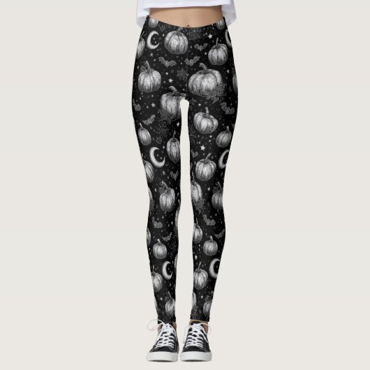 Schwarz-Weiß-Halloween-Kürbis, Bat, Spiderweb Leggings (Vorderseite)