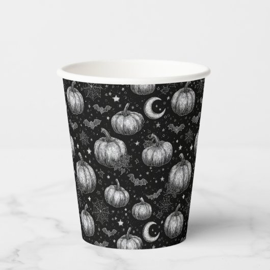 Schwarz-Weiß-Halloween-Kürbis, Bat, Spiderweb Pappbecher (Vorderseite)