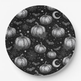 Schwarz-Weiß-Halloween-Kürbis, Bat, Spiderweb Pappteller