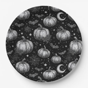 Schwarz-Weiß-Halloween-Kürbis, Bat, Spiderweb Pappteller