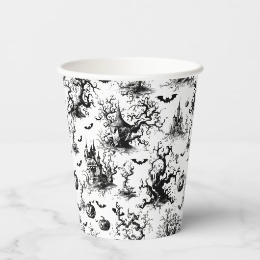 Schwarz-Weiß-Halloween-Monogramm Pappbecher (Rückseite)