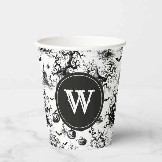 Schwarz-Weiß-Halloween-Monogramm Pappbecher (Vorderseite)
