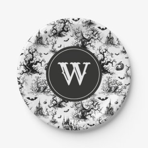 Schwarz-Weiß-Halloween-Monogramm Pappteller