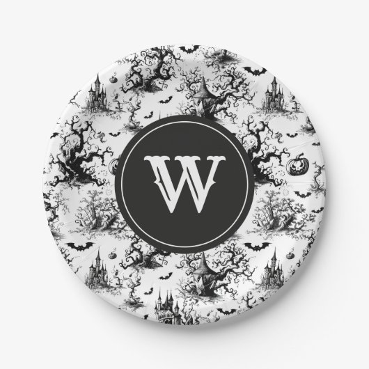 Schwarz-Weiß-Halloween-Monogramm Pappteller (Vorderseite)