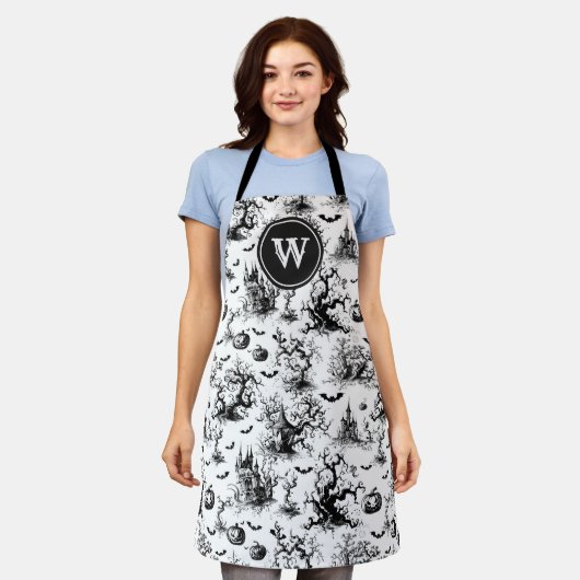 Schwarz-Weiß-Halloween-Monogramm Schürze (Getragen)