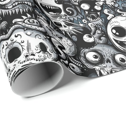 Schwarz-Weiß-Halloween-Monster Geschenkpapier (Rolleneckpunkt)