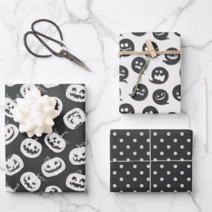 Schwarz-Weiß-Halloween-Pumkin-Geist Geschenkpapier Set