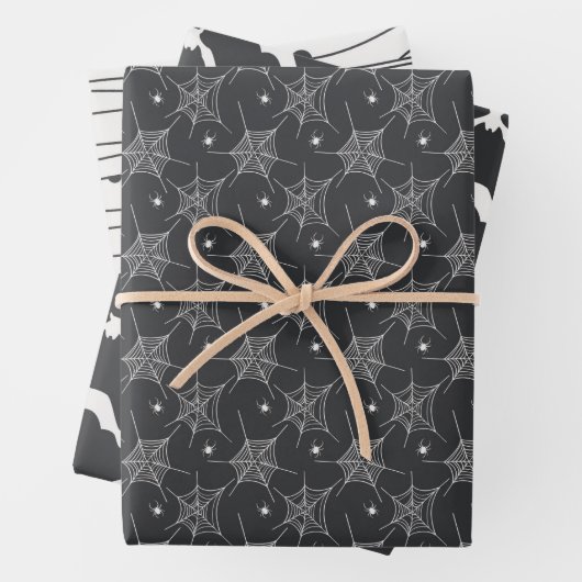 Schwarz/Weiß Halloween Spiders Fledermaus Muster Geschenkpapier Set (Beispiel)