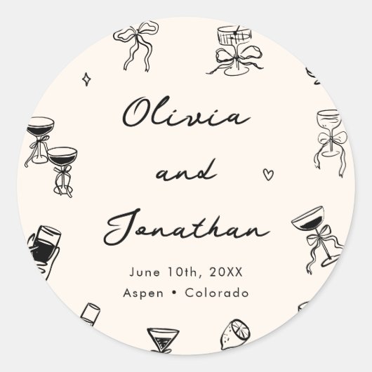 Schwarz-Weiß-Hand-Drawn-Quirky-Hochzeit Runder Aufkleber (Vorderseite)
