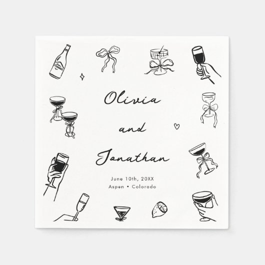 Schwarz-Weiß-Hand-Drawn-Quirky-Hochzeit Serviette (Vorderseite)