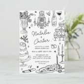 Schwarz-Weiß-Hand-Drawn-Whimsical-Hochzeit Einladung (Stehend Vorderseite)