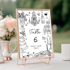 Schwarz-Weiß-Hand-Drawn-Whimsical-Hochzeit Tischnummer