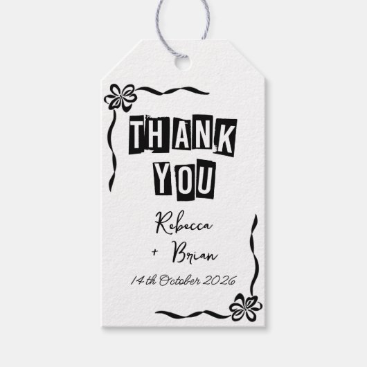 Schwarz-Weiß-Handgezeichnete Bow-Hochzeit Geschenkanhänger (Vorderseite)