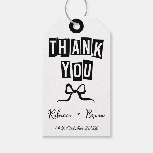 Schwarz-Weiß-Handgezeichnete Bow-Hochzeit Geschenkanhänger (Vorderseite)