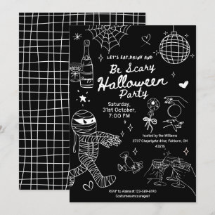 Schwarz-Weiß-Handgezeichnete Kritzel-Halloween-Par Einladung