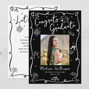 Schwarz Weiß Handgezeichneter Doodle-Stil Absolven Ankündigung