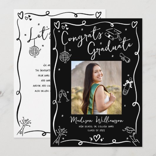 Schwarz Weiß Handgezeichneter Doodle-Stil Absolven Ankündigung (Vorne/Hinten)