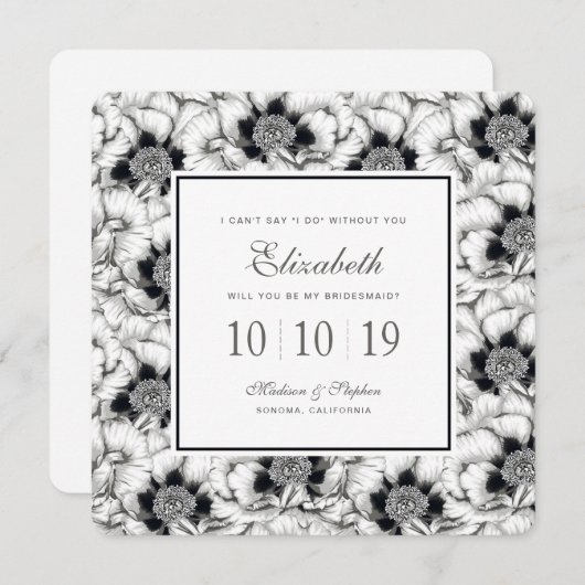 Schwarz-Weiß-Handgezogene Blume - Bridesmaid Einladung (Vorne/Hinten)