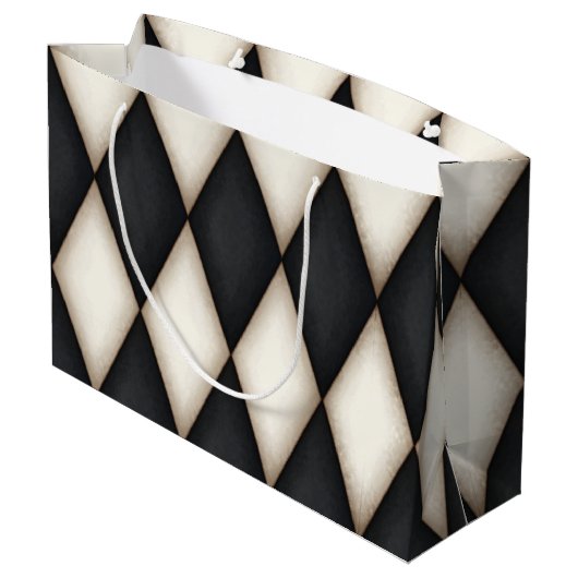 Schwarz-Weiß-Harelquin-Karo Elegantes 3-D Monogram Große Geschenktüte (Rückseite Schrägansicht)