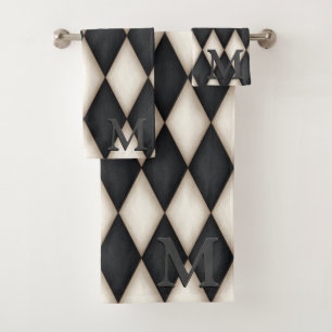 Schwarz-Weiß-Harlequin Dramatisches 3-D-Monogramm Badhandtuch Set