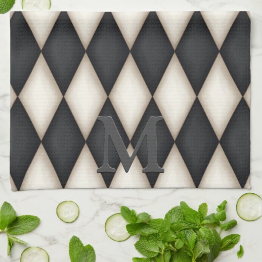 Schwarz-Weiß-Harlequin Dramatisches 3-D-Monogramm Geschirrtuch (Gefaltet)