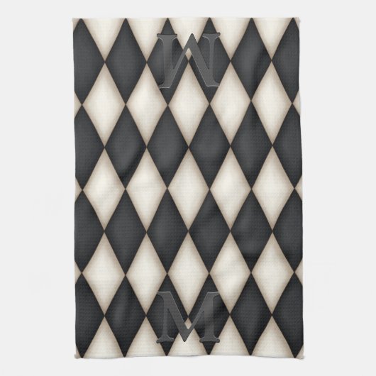 Schwarz-Weiß-Harlequin Dramatisches 3-D-Monogramm Geschirrtuch (Vertikal)