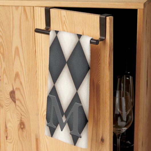 Schwarz-Weiß-Harlequin Dramatisches 3-D-Monogramm Geschirrtuch (Drittel gefaltet)